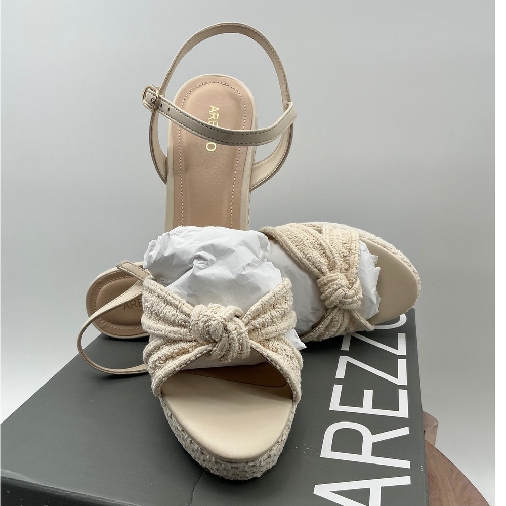 Arezzo Cream Woven Knotted Platform Wedge Ankle Strap‎ Sandals Women Summer Chic